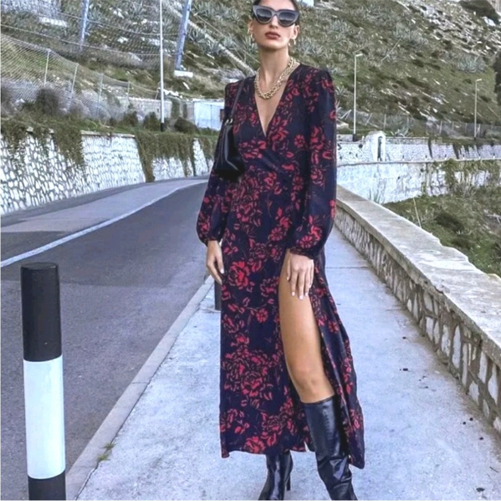 Zara Dark Floral High Slit Long Sleeve Asian Inspired Midi Dress Low Cut Blogger